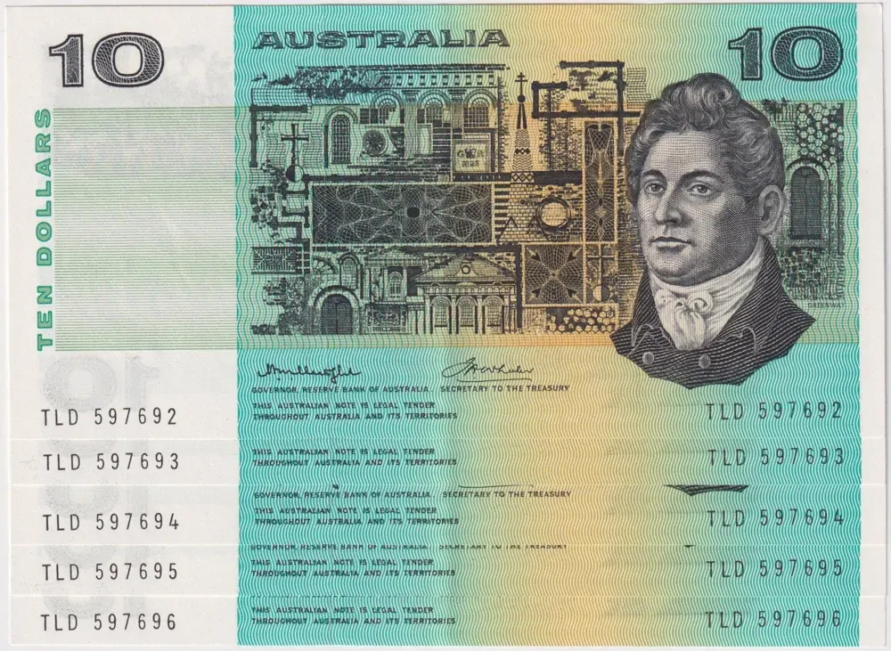1976 $10 Note Consecutive Run of 5 Gothic Serials Side Thread Knight/Wheeler R306B good EF product image