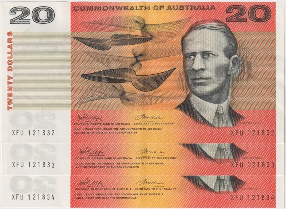 1972 $20 Note Commonwealth of Australia Consecutive Trio Phillips/Wheeler R404 good EF product image