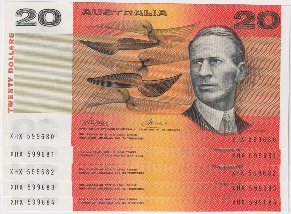 1974 $20 Notes Consecutive Run of 5 Australia Phillips/Wheeler R405 good EF product image