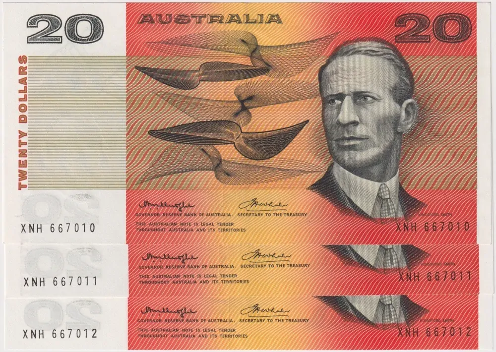 1976 $20 Note Consecutive Trio Gothic Centre Thread Knight/Wheeler R406a about Unc product image