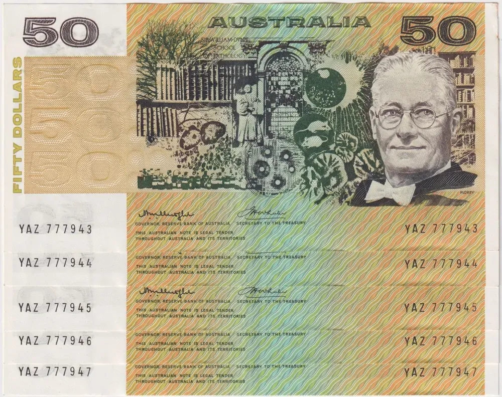 1976 $50 Note Consecutive Run of 5 Gothic Centre Knight/Wheeler R506A about Unc product image