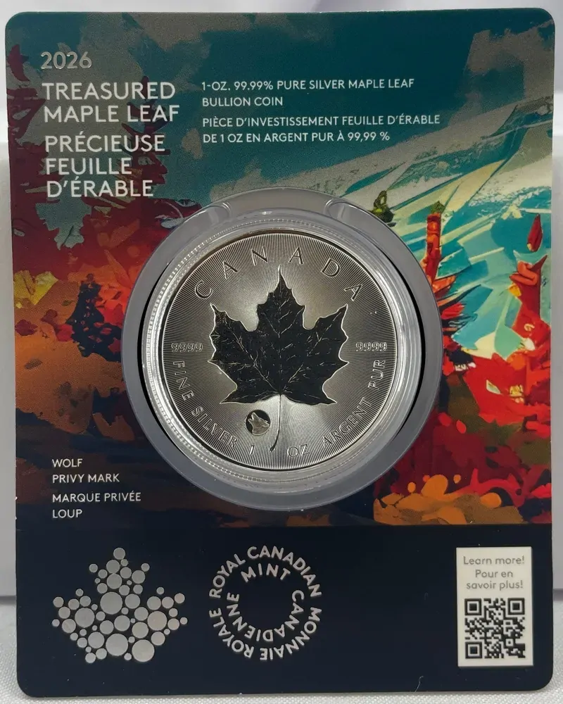 Canada 2026 Silver 5 Dollars Treasured Maple Leaf Wolf Privy Mark product image