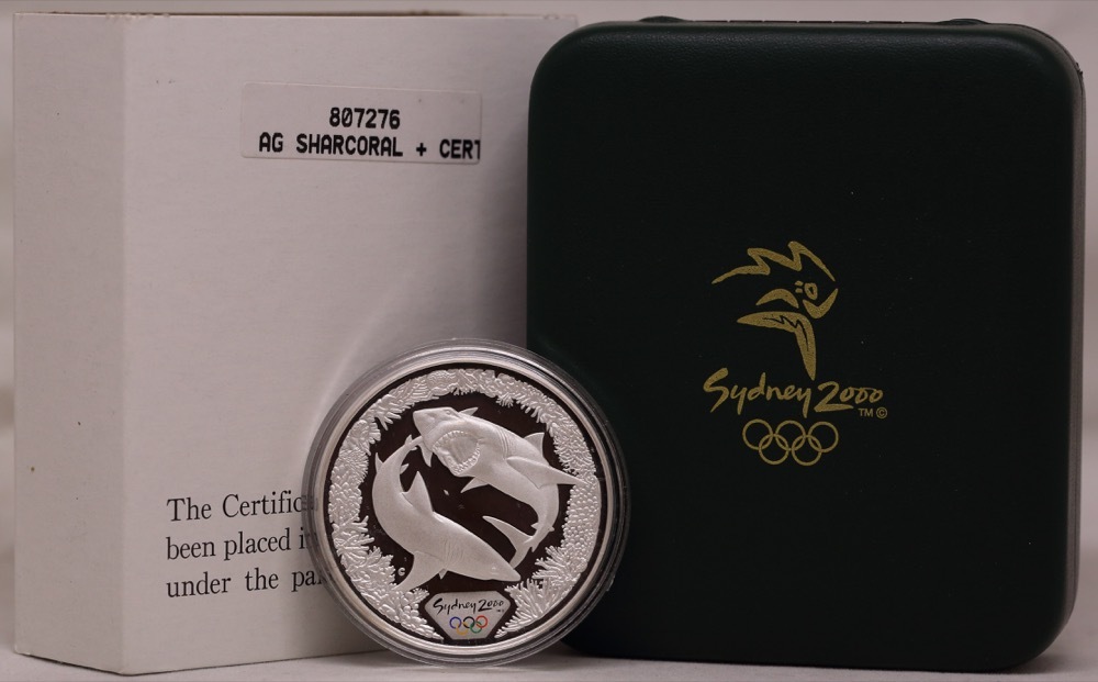 2000 Silver Olympic Proof Coin Great White Shark and Coral product image