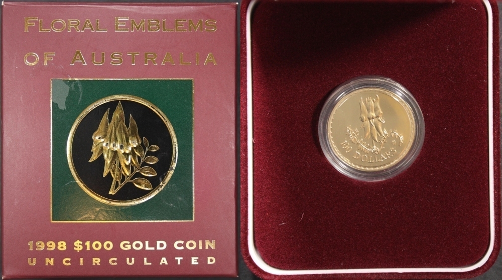 1998 Gold 100 Dollar Gold Unc Coin Floral Emblems Sturt Desert Pea product image