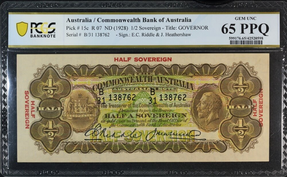 1928 Ten Shilling Riddle/Heathershaw R7 PCGS Gem Unc 65 PPQ product image