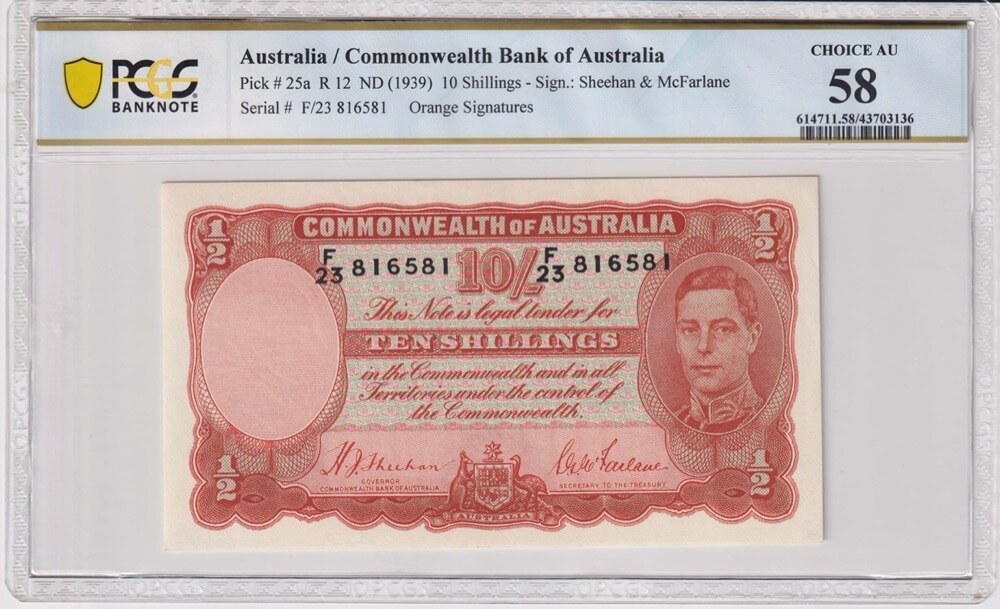 1939 Ten Shilling Sheehan/McFarlane R12 PCGS AU58 product image
