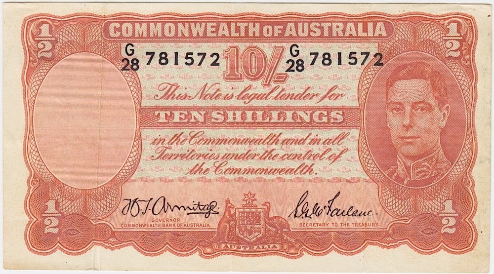 1942 Ten Shilling Armitage/McFarlane R13 good VF product image