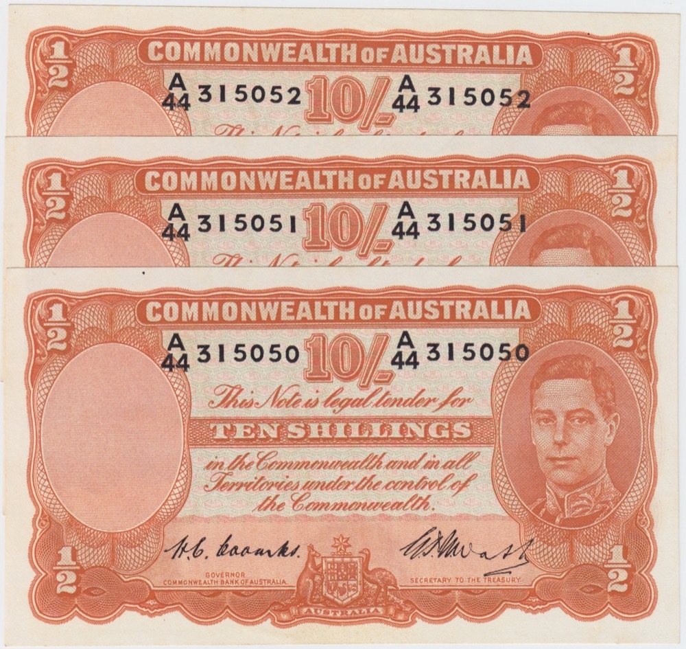 1949 Ten Shilling Consecutive Trio Coombs/Watt R14 Uncirculated product image