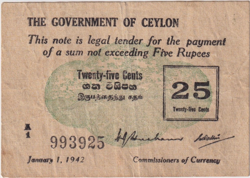 Ceylon 1942 Emergency 25 Cents Pick# 40 Very Fine product image