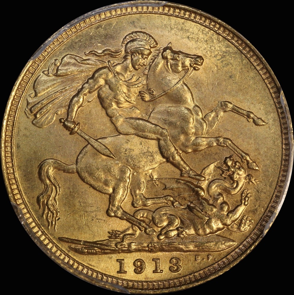 1913 Sydney George V Large Head Sovereign Choice Unc (PCGS MS63) product image