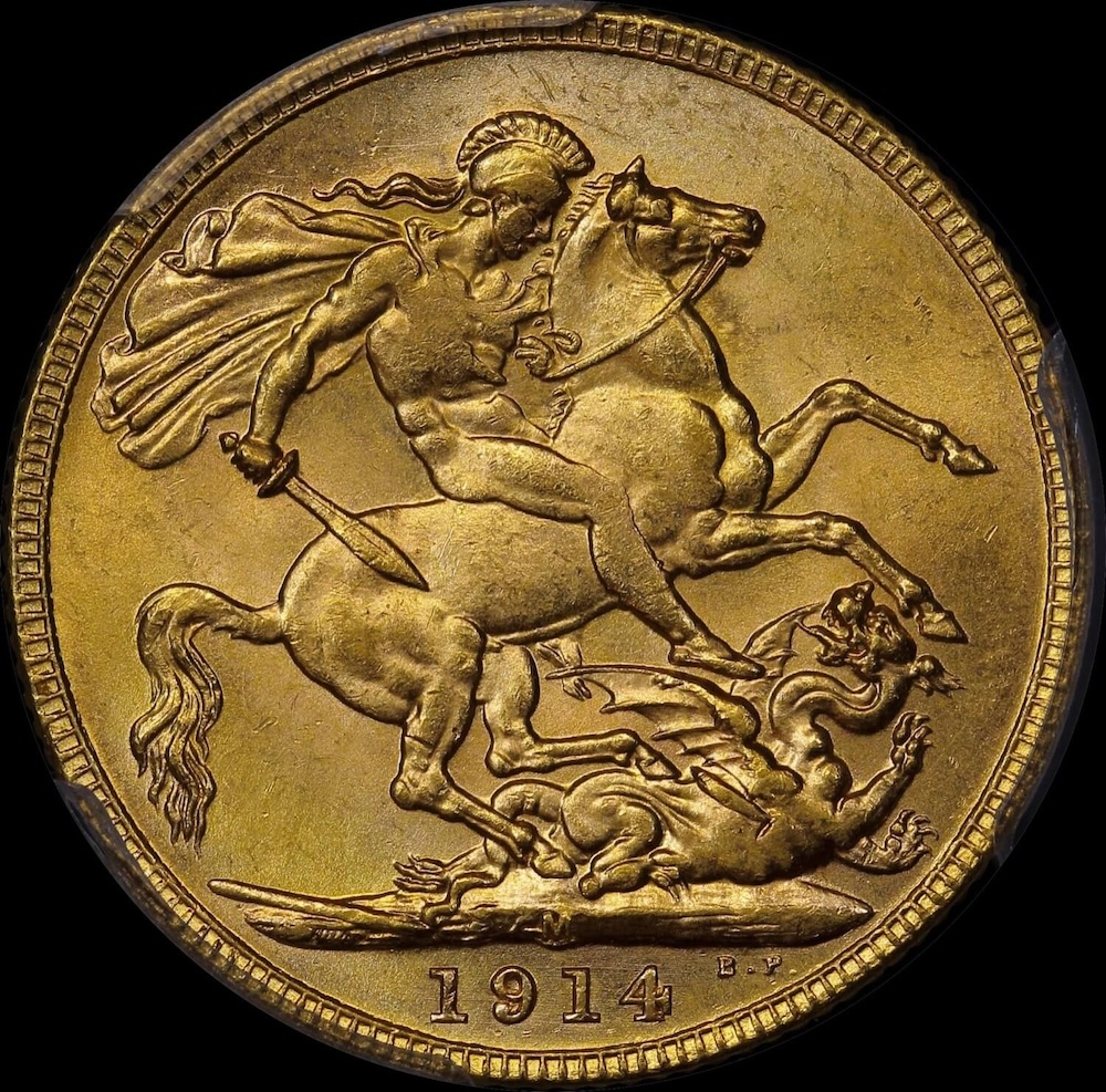 1914 Melbourne George V Large Head Sovereign Choice Unc (PCGS MS63) product image