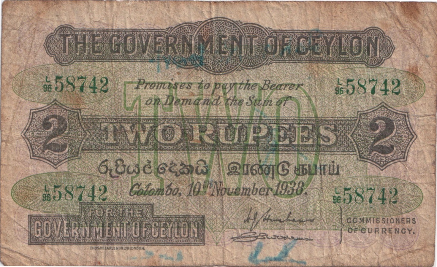 Ceylon 1938 2 Rupees Pick# 21 about Fine product image