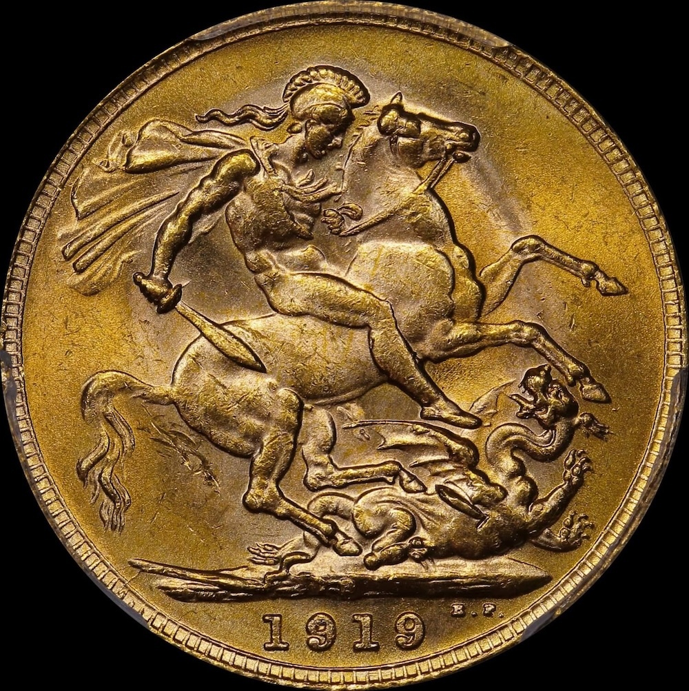 1919 Perth George V Large Head Sovereign Choice Unc (PCGS MS63) product image