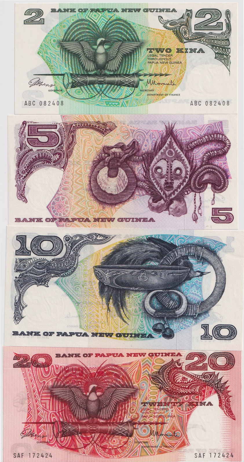 Papua New Guinea 1975-77 4 Note Set (2-20 Kina) Uncirculated product image