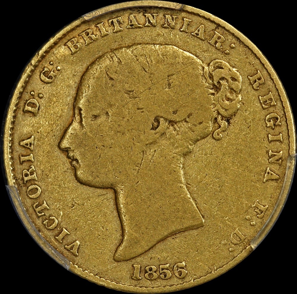1856/5 Overdate Sydney Mint Type I Half Sovereign PCGS Genuine F Details product image