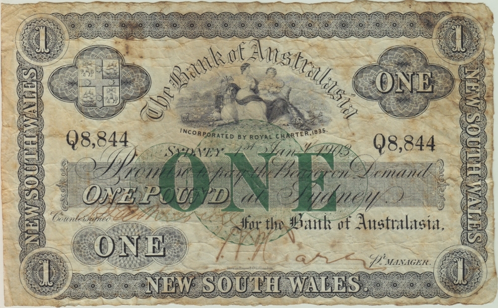 Bank of Australasia (Sydney) 1903 1 Pound Issued Note MVR#2b Fine Serials: Q8,844 product image