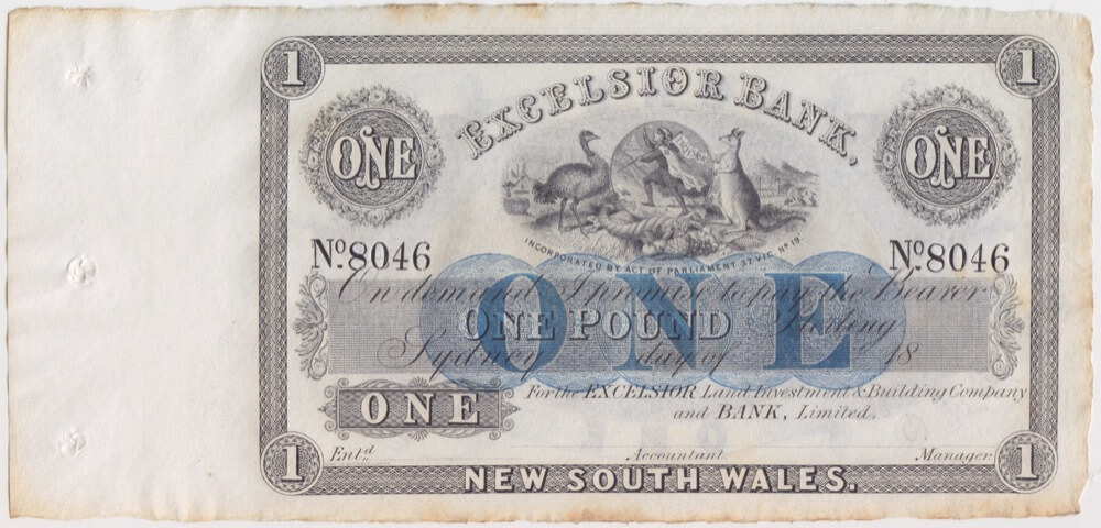 Excelsior Bank (Sydney) ca 1884 One Pound Unissued Remainder MVR# 1 good EF product image