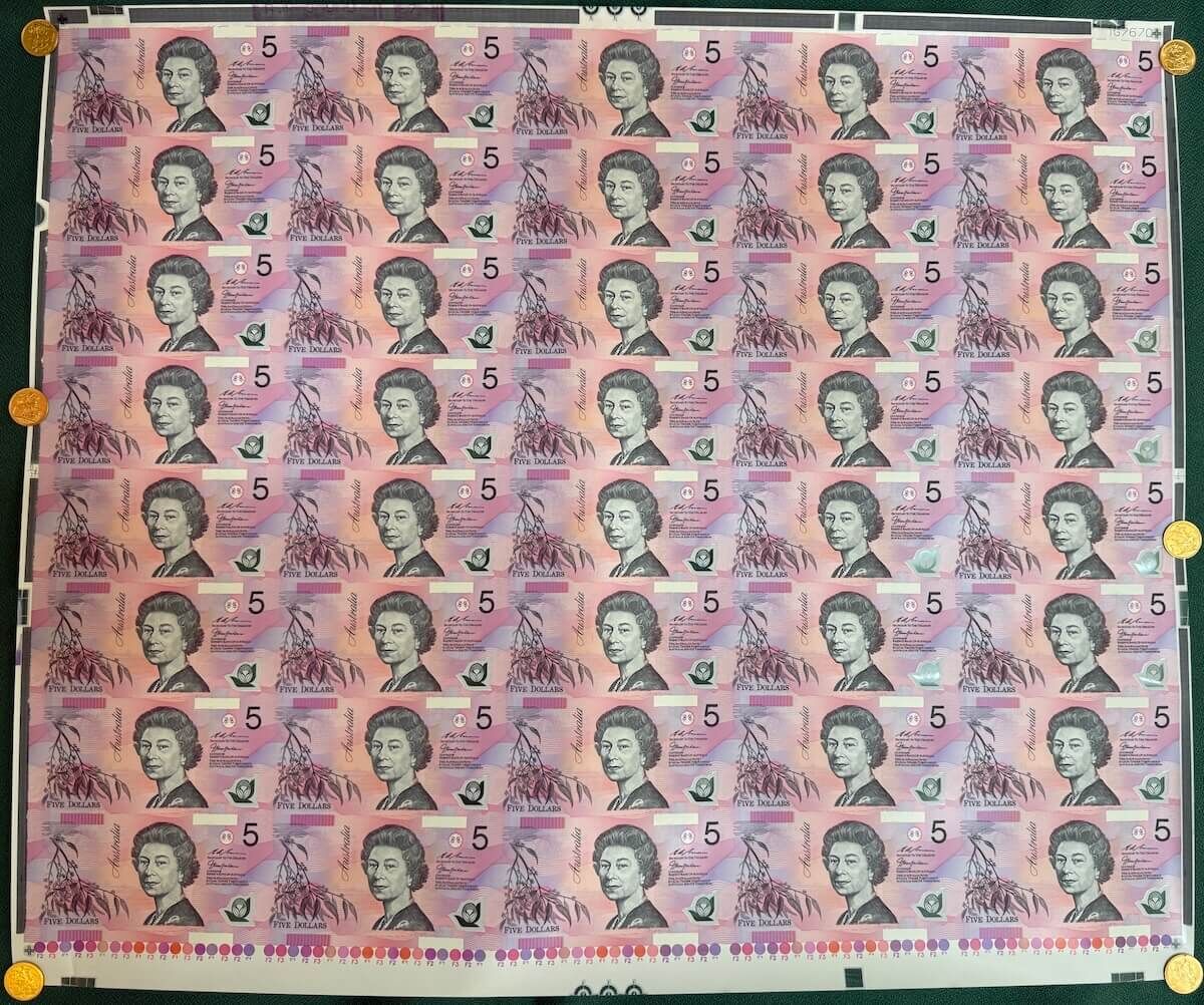 1998 5 Dollar Uncut Sheet of 40 Notes McFarlane Evans product image