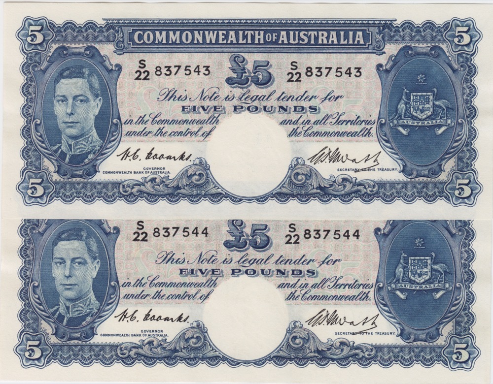 1949 Five Pound Consecutive Pair Coombs/Watt R47 good EF product image