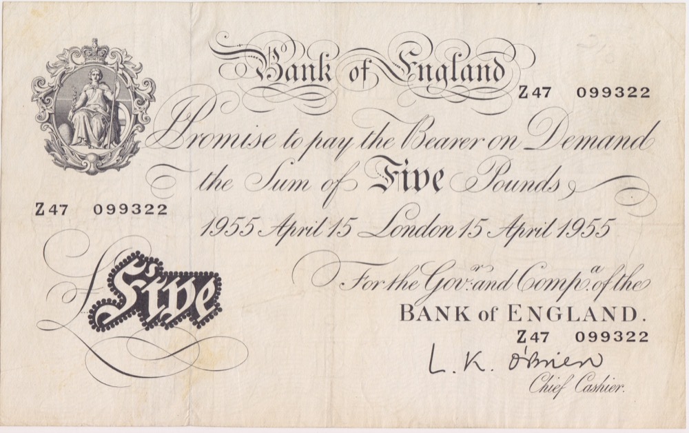 Bank of England 1955 White 5 Pounds Peppiatt Pick#345 Extremely Fine product image