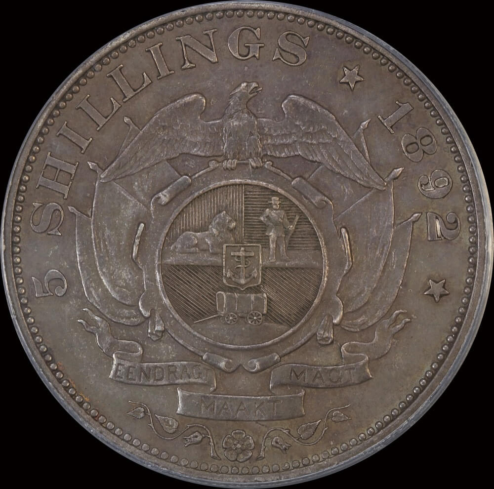 South Africa 1892 Silver 5 Shillings KM#8.1 Single Shaft PCGS AU58 product image