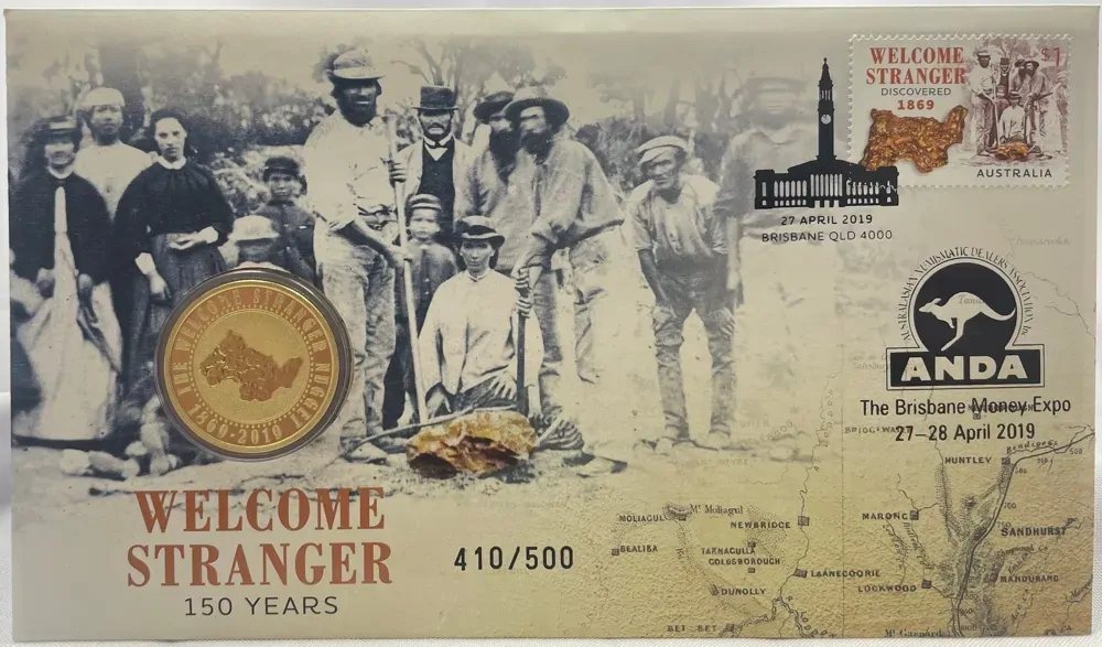 2019 1 Dollar PNC Welcome Stranger Gold Nugget Brisbane Money Expo Gold Overprint product image