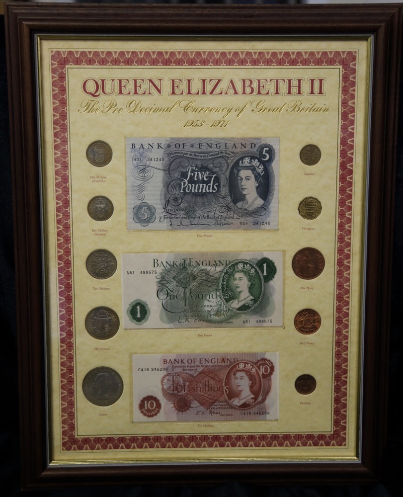 Framed Set of British Coins and Banknotes ca 1967 Uncirculated product image
