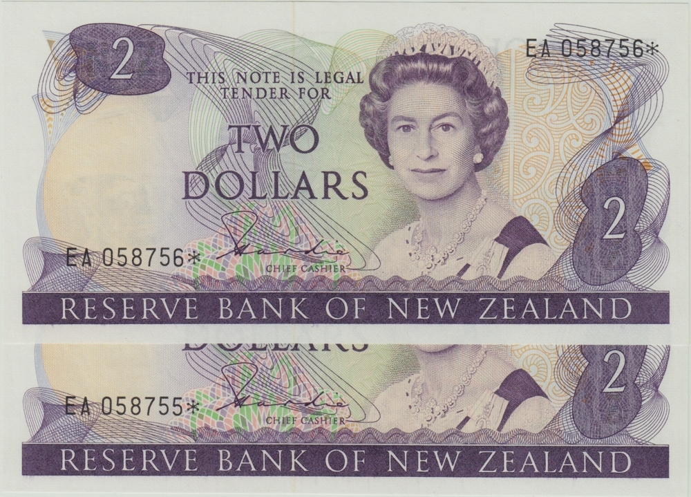 New Zealand 1981 2 Dollar Star Replacement Note - Consecutive Pair Hardie Pick#170a Uncirculated product image