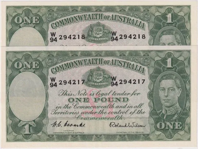 1952 One Pound Consecutive Pair Coombs/Wilson R32 Uncirculated product image