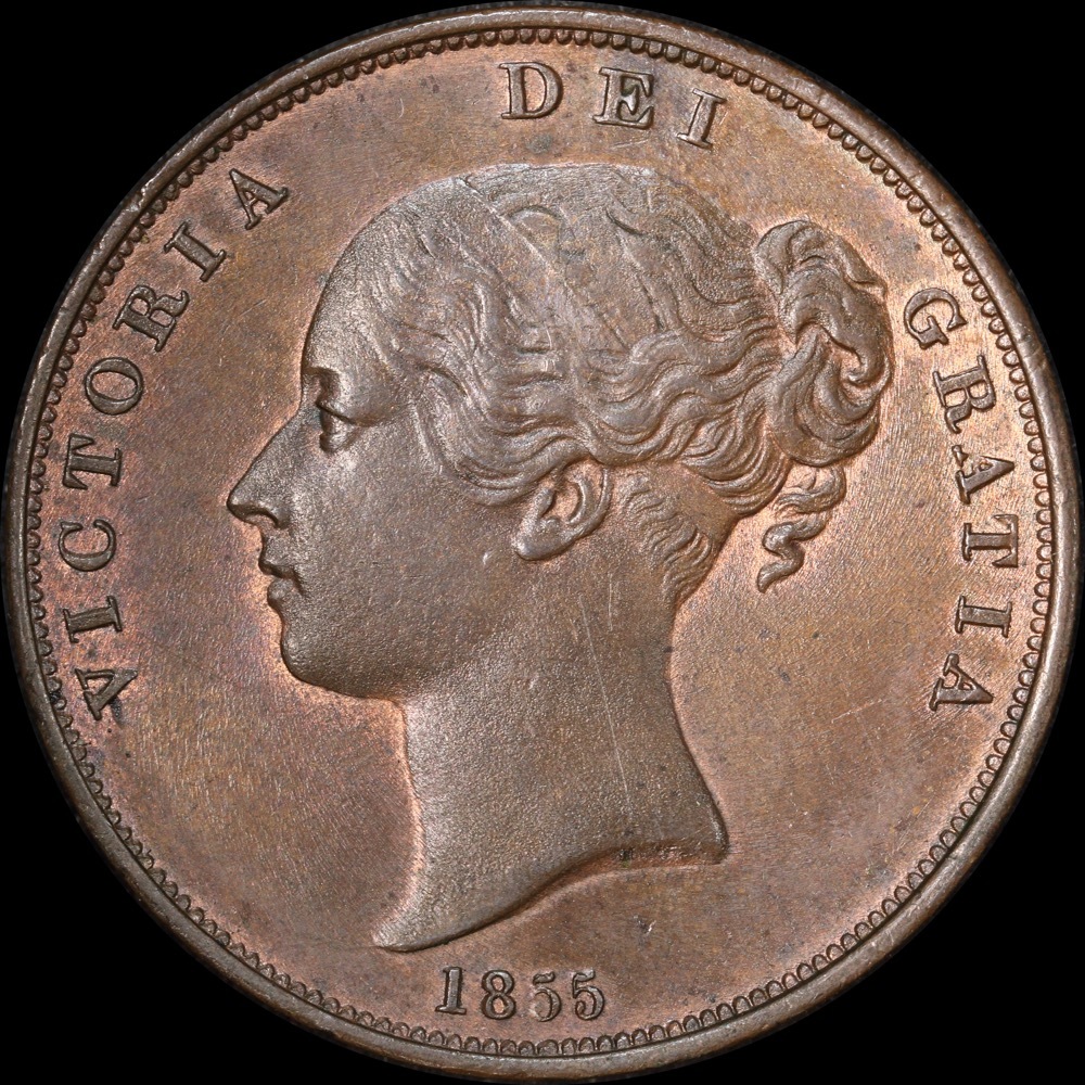 1855 Copper Penny Victoria Plain Trident S#3948 good EF product image