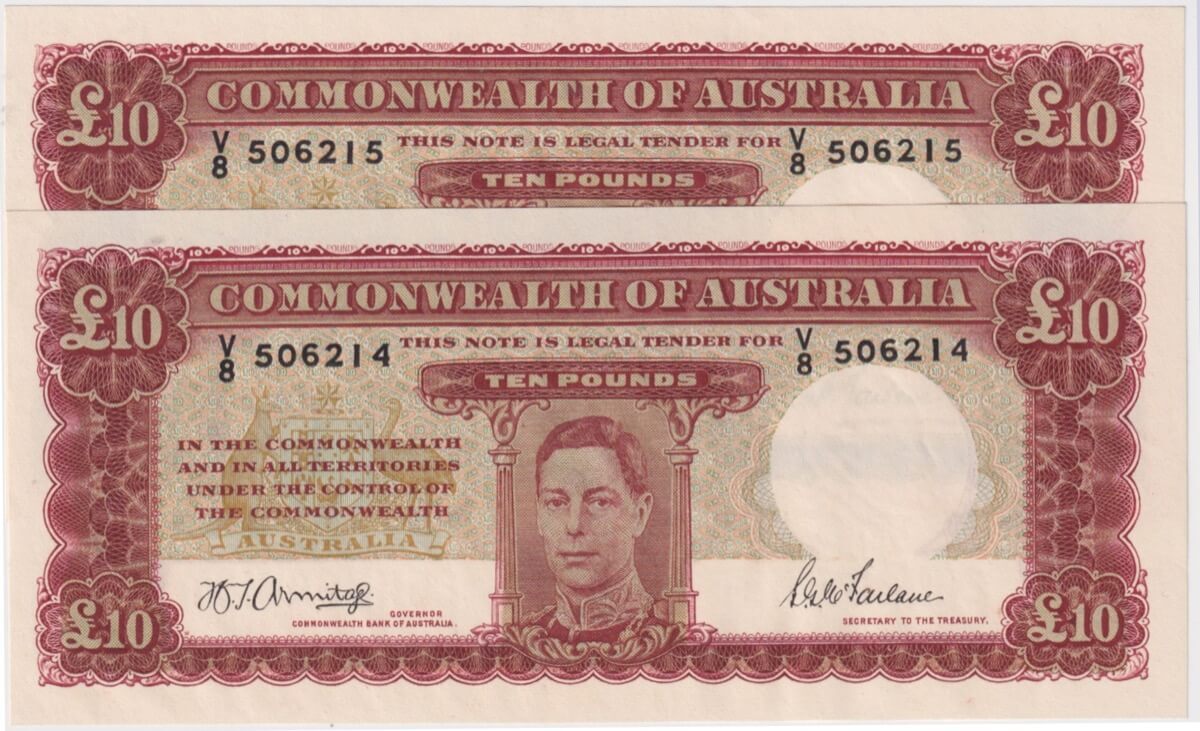 1943 Ten Pound Consecutive Pair Armitage/McFarlane R59 PCGS Choice Unc 63-64 product image