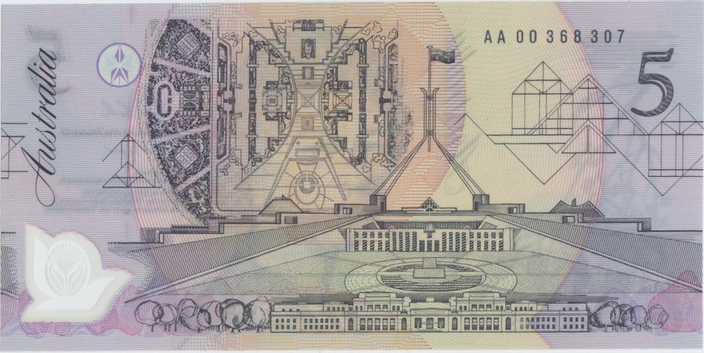 1992 $5 Note AA00 First Polymer Prefix Fraser/Cole R214F Uncirculated product image