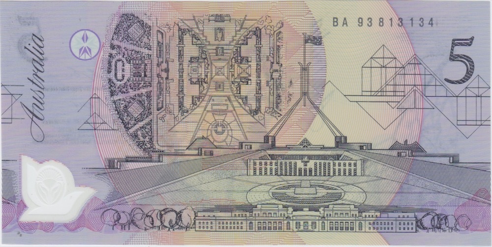 1993 $5 Note BA93 First prefix Dark Green Serials Fraser/Evans R216F Uncirculated product image