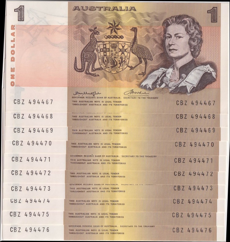 1976 $1 Note Consecutive Run of 10 Gothic Centre Knight/Wheeler R76A about Uncirculated product image
