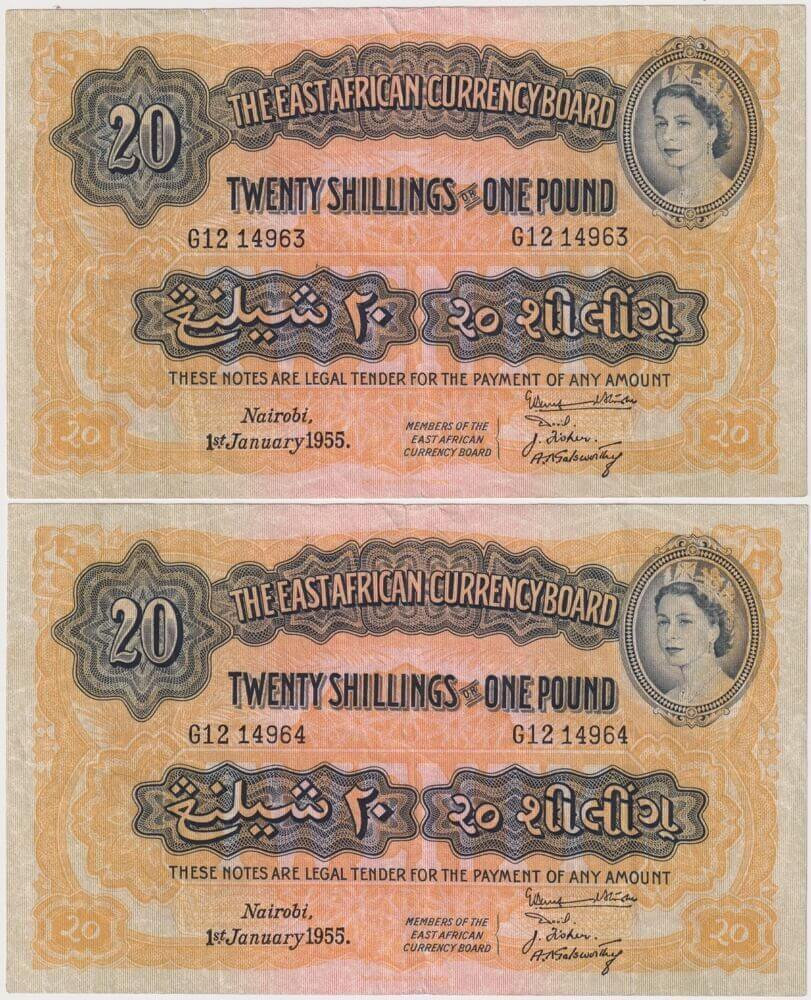 East Africa 1955 Consecutive Pair 20 Shillings Pick#35c PCGS VF35 product image