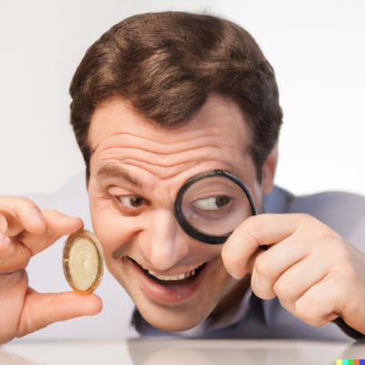 excited man looking at coins through a magnifying glass