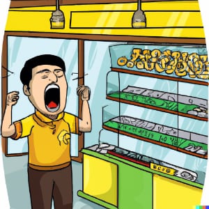 cartoon of a man standing in a coin shop shouting