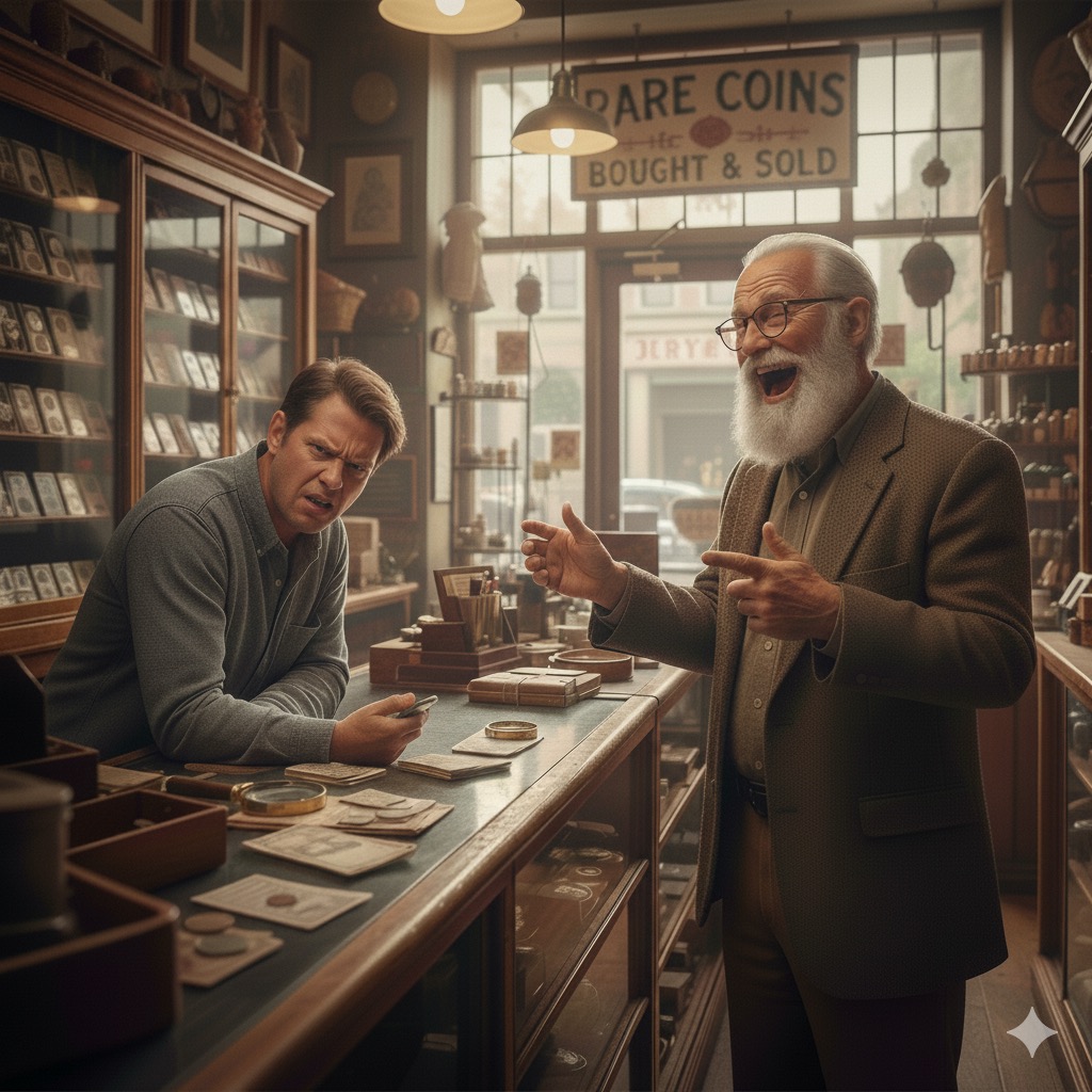 Weird AI Image of Coin Dealer Laughing at Novice Quoting Figures from an AI app