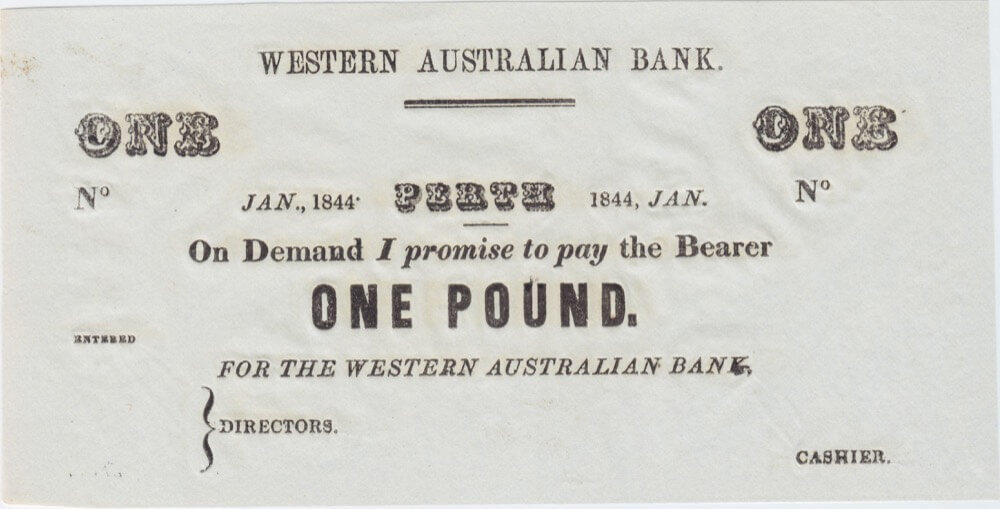 1844 Western Australian Bank Unissued One Pound