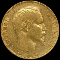 France 1854-A Gold 20 Franc Napoleon KM#781.1 Good VF