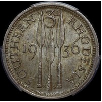 Southern Rhodesia 1936 Threepence Choice Unc PCGS MS63