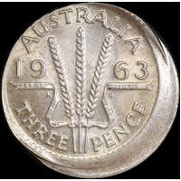 1963 Threepence 3mm Offstrike Error about Unc