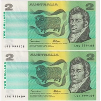 1985 $2 Note Pair LQG Last Prefix - Last 1,000 Johnston/Fraser R89L about Unc