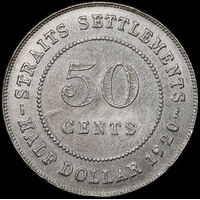 Straits Settlements 1920 Silver 50 Cents good EF