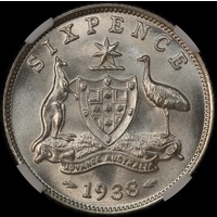 1938 Sixpence NGC MS66