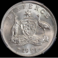 1951 Sixpence Choice Unc (PCGS MS64)