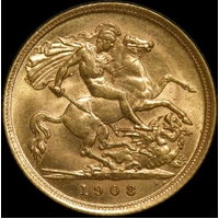 1908 Melbourne Edward VII Half Sovereign about Uncirculated