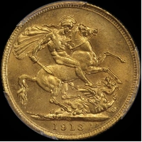 1913 Sydney George V Large Head Sovereign Uncirculated (PCGS MS62)