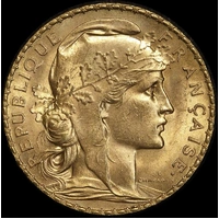 France 1912 Gold 20 Francs Rooster KM#857 Uncirculated