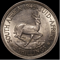 South Africa 1949 Silver 5 Shillings KM#40.1 about Unc